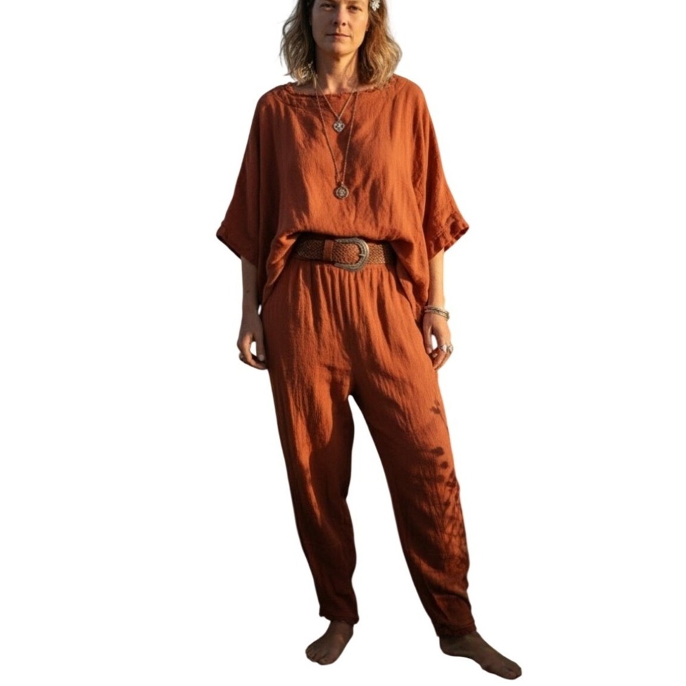 Free‎ People Terracotta Orange Gauze Two Piece Set Top Pants XS Boho Relaxed